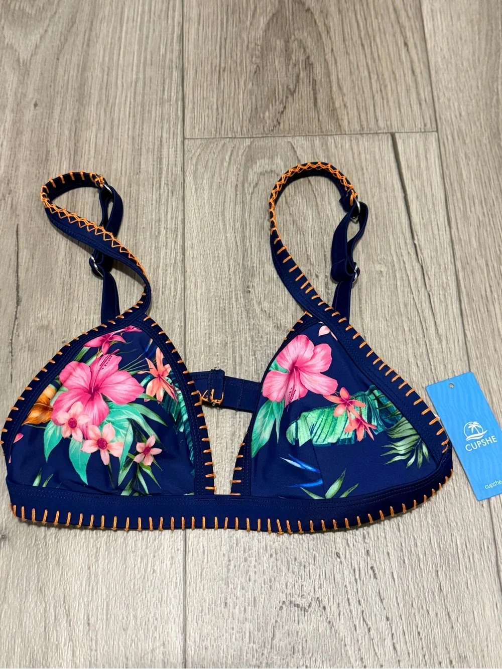 NWT Cupshe Tropical Navy Floral Bikini Set with Orange Stitching